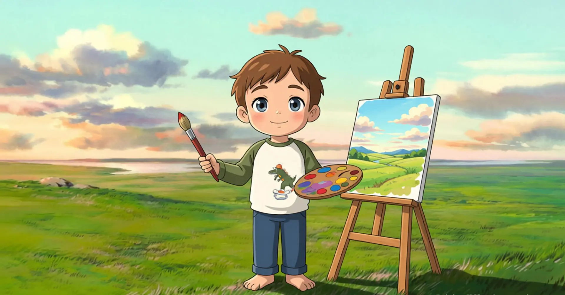 Timosha is drawing in the field cartoon picture