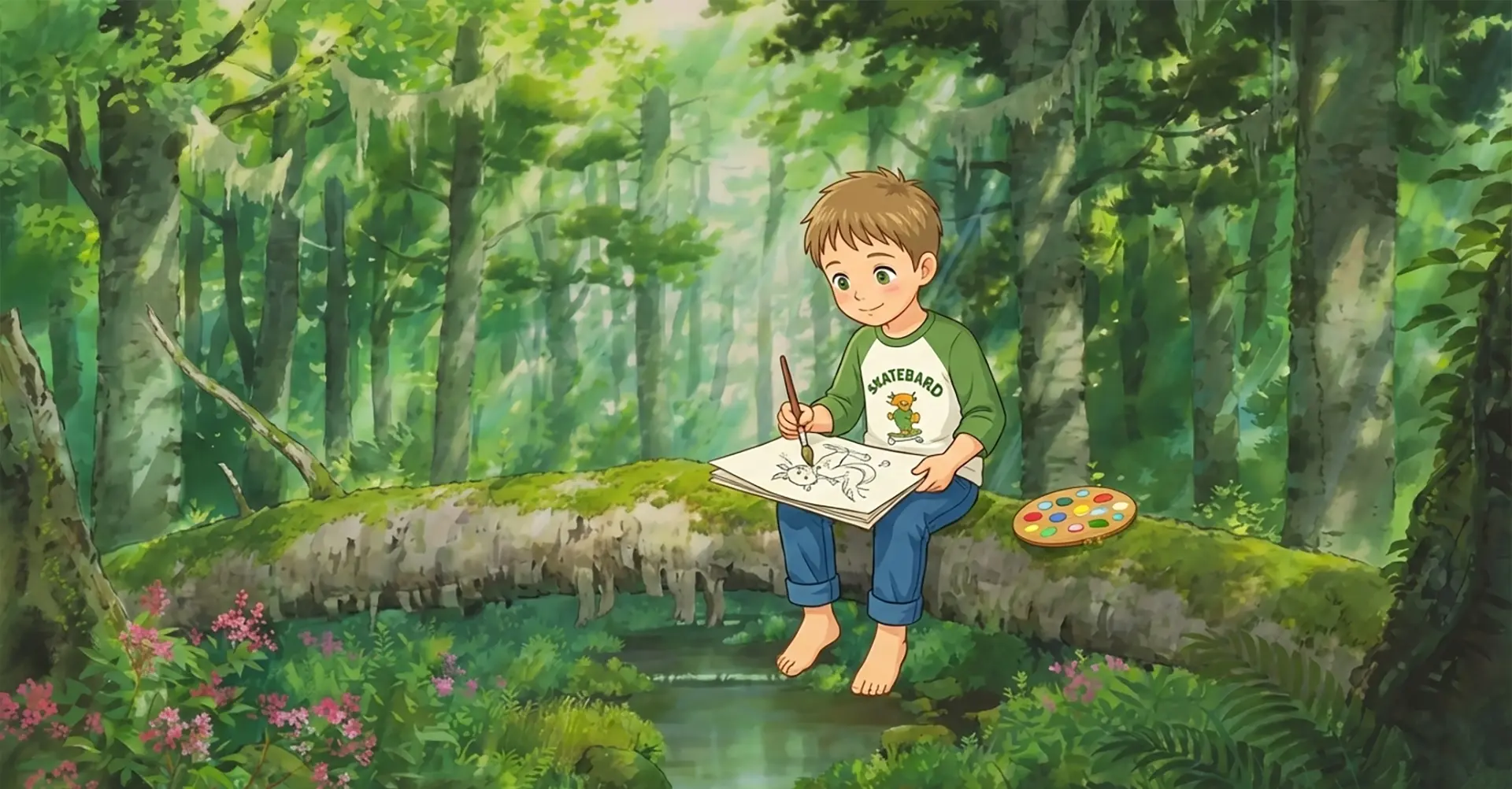 Timosha is drawing in the field cartoon picture